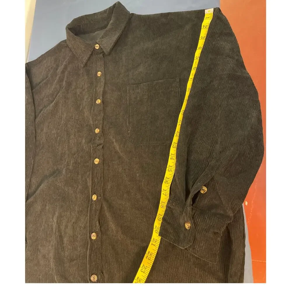 Men's Long Sleeve Low Shoulder Corduroy‎ Button Up Black Shirt Size XL